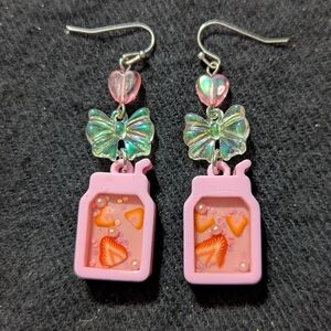 Hot Topic Pink Strawberry Milk Carton with Bow Heart Resin Earrings